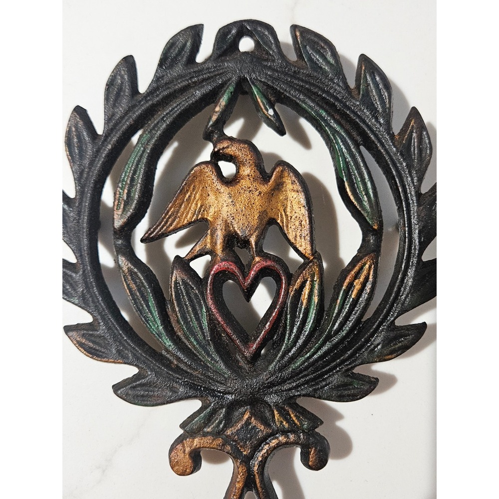 Vintage Cast Iron Trivet Eagle Heart Laurel Wreath Black Gold Red